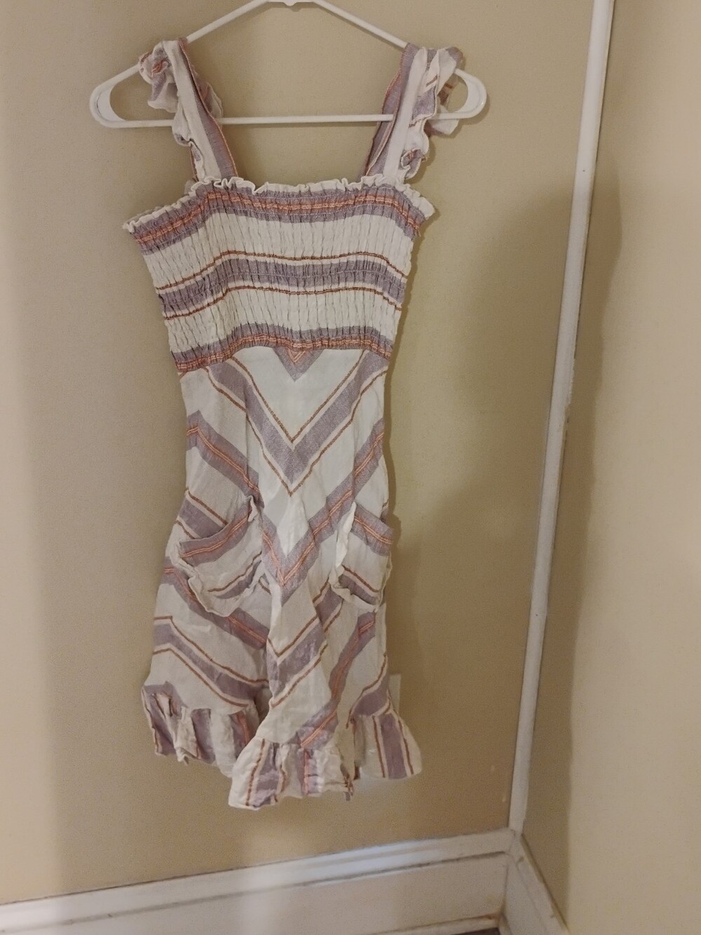 Vintage 2000s Betsey Johnson Striped Ruffle Strap Mini Dress Linen